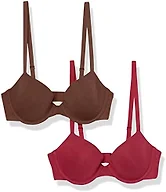 Amazon Essentials Women's Underwire Lightly Padded Demi Cup Microfibre Bra, Pack of 2, Chocolate/Red, 34D