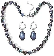 BAMIKI 8.5-9MM Cultured Baroque Black Pearl Necklace and Earrings Set Gift