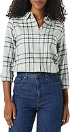 Amazon Essentials Women's Regular-Fit Long-Sleeve Lightweight Cotton Brushed Flannel Shirt, Black Grey Plaid, Large