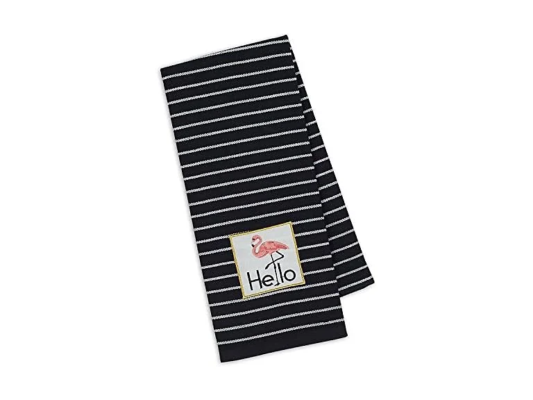 DII Hello Pink Flamingo Dish Towel Embellished Cotton Black