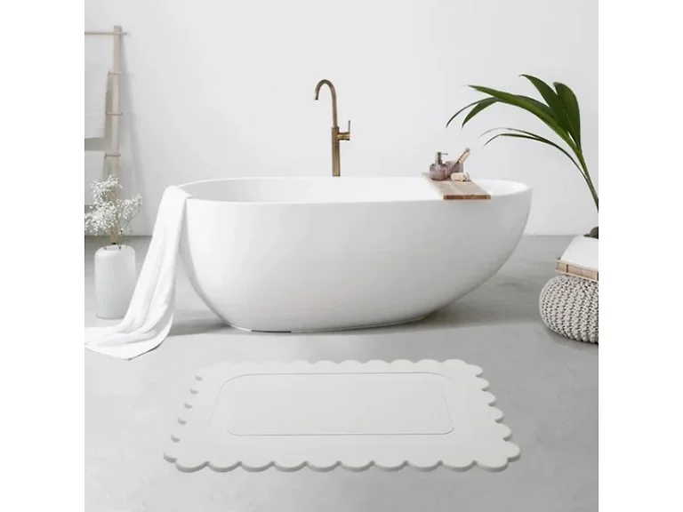 Off White Scallop Stone Bath Mat, 24"x15"