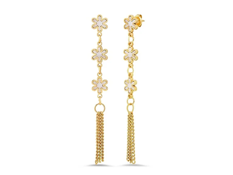 18K Gold Open Flower Tassel Earrings