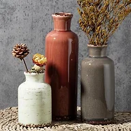 LIFESTYLO Ceramic Vintage Vase Set of 3, Orange Brown Green Crackle Glaze, Chinoiserie Floral Decor for Farmhouse Shelf, Table Centerpiece, Mantel, Living Room & Office