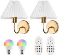 Ownprit Rechargeable Battery Operated Wall Sconces Set of 2, Wireless RGB Wall Lights with Remote Control, Dimmable 3 Color Temperatures USB-C Charging Modern Brass Wall Lamps for Bedroom Living Room