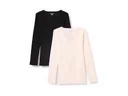 Amazon Essentials Women's Slim-Fit Long Sleeve V-Neck Knit Rib Shirts, Pack of 2