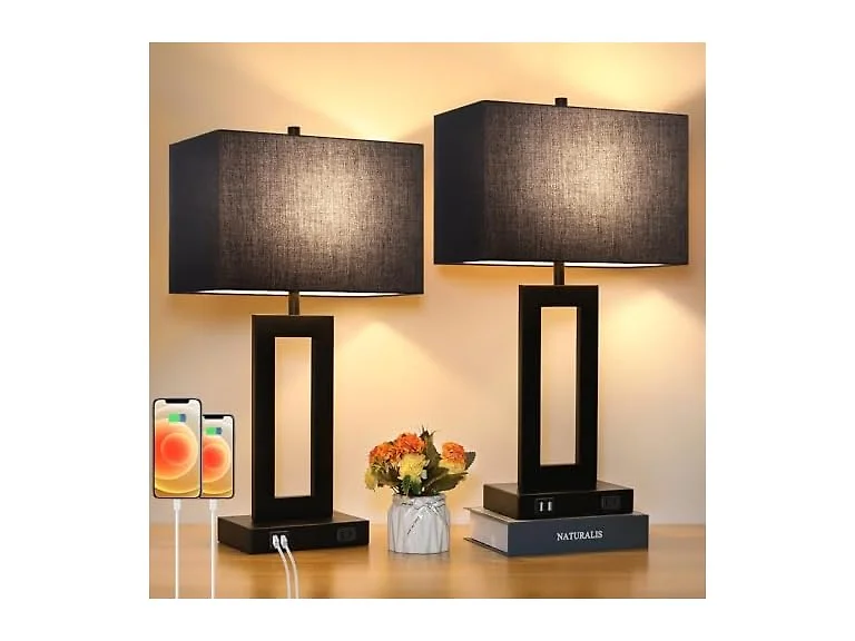 Set of 2 Touch Control Table Lamps with 2 USB Ports & AC Outlet, 3-Way Dimmable