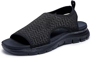 Skechers Women's FLEX APPEAL 4.0 - LIVIN' IN THIS sport sandal, Black/Black 8 M