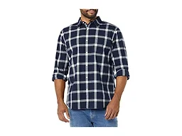 Amazon Essentials Men's Long-Sleeve Slim-Fit Stretch Poplin Shirt Shirt, Navy/White, Buffalo Plaid, X-Small