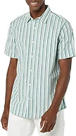 Amazon Essentials Men's Short Sleeve Button Down Shirt, Stretch Cotton, Blue Peach Plaid, Available in Big & Tall, Teal/Multicolor, Stripe, X-Small