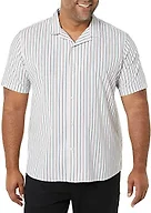 Amazon Essentials Men's Vacation Cotton Button-Down Short Sleeve Resort Shirt, Blue Pink Vertical Stripe, Large