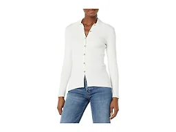 Amazon Essentials Women's Fine Gauge Stretch Polo Ribbed Long Sleeve Sweater Cardigan, Ivory, Medium
