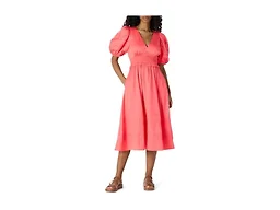 Amazon Essentials Women's Regular-Fit Cotton Sateen Puff Sleeve Midi Dress, Coral Pink, Small