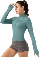 GGOV Crop Tops Women's Long Sleeve Workout Shirt with Half Zip Closure, Slim Fit, and Buttery-Soft Fabric Green M