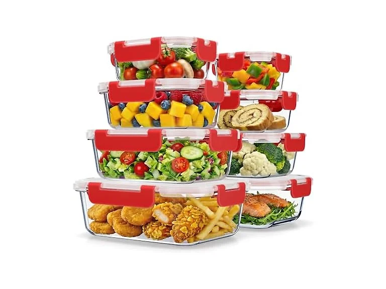  Glass Food Storage Containers with Lids 16 Pieces Red