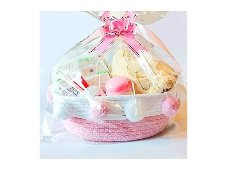 Small Pink Gift Basket With Pom Poms