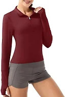 GGOV Crop Tops Women's Long Sleeve Workout Shirt with Half Zip Closure, Slim Fit, and Buttery-Soft Fabric Deep Red