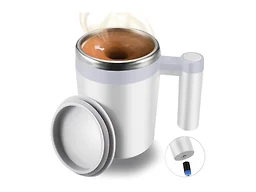 FCSWEET Self Stirring Mug,Rechargeable Auto Magnetic Coffee Mug with 2Pc Stir Bar,Waterproof Automatic Mixing Cup for Milk/Cocoa at Office/Kitchen/Travel 14oz Best Gift - White