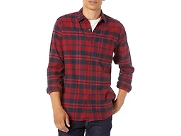 Amazon Essentials Men's Regular Fit Long-Sleeve Flannel Shirt, Soft Brushed Cotton, Lightweight yet Warm, Red Plaid, Large