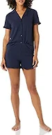 Amazon Essentials Women's Cotton Modal Piped Notch Collar Ruffle Pajama Short Set, Navy, X-Small