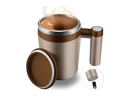 FCSWEET Self Stirring Mug,Rechargeable Auto Magnetic Coffee Mug with 2Pc Stir Bar,Waterproof Automatic Mixing Cup for Milk/Cocoa at Office/Kitchen/Travel 14oz Best Gift - Brown