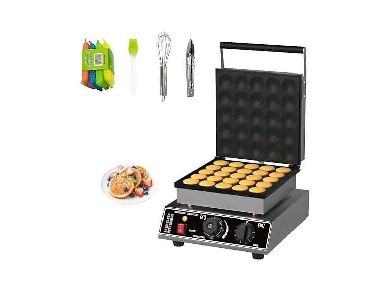Takywep Commercial Mini Dutch Pancake Maker - 1750W Electric Stainless Steel Nonstick Griddle with Timer & Lid - Even Heating, Perfect for Poffertjes, Dorayaki, Mini Pancakes - Ideal for Home