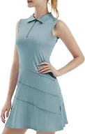 FKEEP Women's Tennis Golf Dresses Zipper V-Neck Sport Activewear with Shorts and Pocket Workout Athletic (Lake Blue, L)