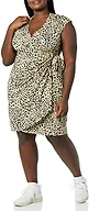 Amazon Essentials Women's Classic Cap Sleeve Wrap Dress with V Neck, Pleated Waist (Available in Plus Size), Tan, Classic Animal Print, 2X