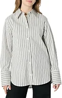 Amazon Essentials Women's Oversized-Fit Cropped Cotton Stretch Poplin Button-Down Shirt, Ivory Black Stripe, X-Large