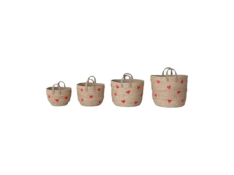 Creative Co-Op 4-Piece Hand-Woven Seagrass Baskets with Embroidered Hearts and Handles, Natural and Red Finish