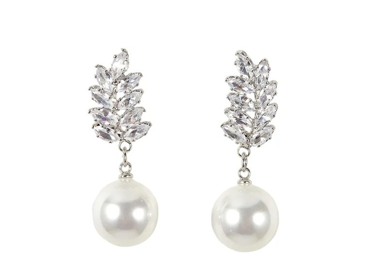 S/S Silver Tone Drop Earrings with Cubic Zirconia and Pearl