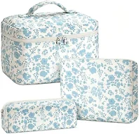 Yestar 3 Pcs Quilted Makeup Bag Set, Initial Cosmetic Bag with Chenille Letter Patches, Cute Floral Cotton Coquette Aesthetic Pouch, Personalized Gifts for Women Girls (Blue Ditsy Floral, White)
