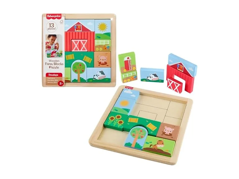 Fisher-Price Wood Toddler Toy Farm Blocks Puzzle