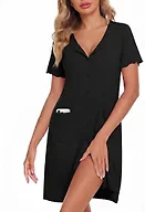 ZOOSIXX Nightgowns for Women - Short Sleeve Sleepwear Button Up Pajamas for Women V-Neck Sleepwear Dress with Pockets Black
