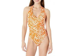 Amazon Essentials Women's Halter One Piece Swimsuit, Rust Orange Abstract Palms, XX-Large