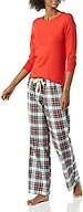 Amazon Essentials Women's Long Sleeve Knit Top and Lightweight Flannel Pajama Pant Set, Red Multi Tartan, Medium