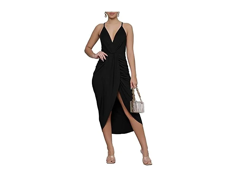 Lyaner Women (L) Summer V Neck Ruched Wrap Dress