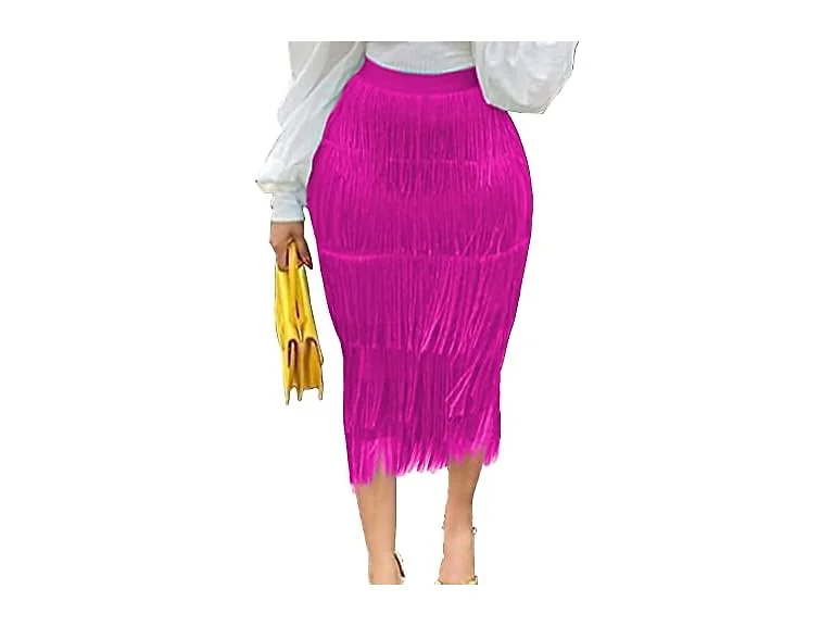 Sematomala Women (3XL) Fringe Midi Skirt Zip Skirt
