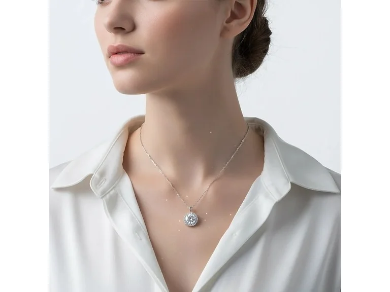 Moissanite Diamond Round Halo Necklace
