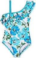 Kanu Surf Girls' Morgan Floral Ruffle 1-Shoulder 1-Piece Swimsuit, Flower Power Blue, 14