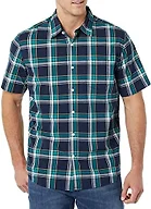 Amazon Essentials Men's Short-Sleeve Regular-Fit Stretch Poplin Shirt Shirt, -Navy/Green, Plaid, Small