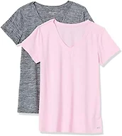 Amazon Essentials Women's Active Quick Dry Tech Stretch Short-Sleeve V-Neck T-Shirt (Available in Plus Size), Pack of 2, Grey Space Dye/Light Pink, Medium