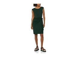 Amazon Essentials Women's Cap Sleeve Boat-Neck Faux Wrap Pleated Matte Jersey Dress, Dark Green, Animal, Large