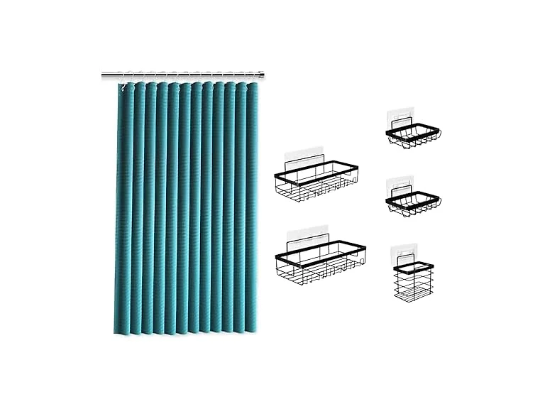 Clara Clark Teal Shower Curtain Set with Blak Caddy