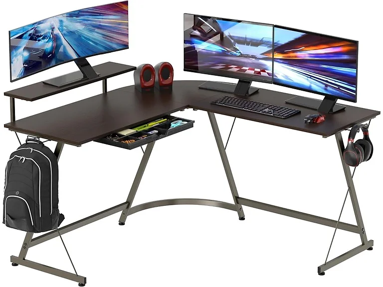 SHW L-Shaped Corner Desk w/Monitor Stand and Drawer