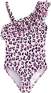Kanu Surf Girls' Morgan Floral Ruffle 1-Shoulder 1-Piece Swimsuit, Beach Leopard Pink, 10
