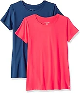 Amazon Essentials Women's Active Quick Dry Tech Stretch Short-Sleeve T-Shirt, V-Neck or Crewneck, Moisture-Wicking, Pack of 2, Bright Pink/Navy, X-Small