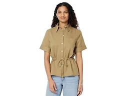 Amazon Essentials Women's Relaxed-Fit Linen Blend Wide Sleeve Shirt with Adjustable Waist, Tan, Medium