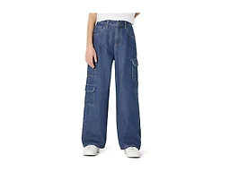 Amazon Essentials Girls' Ultra Soft Relaxed-Fit Wide Leg Cargo Jeans, Classic Medium Wash, 14