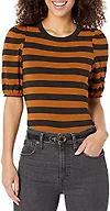 Amazon Essentials Women's Regular-Fit Twist Puff Sleeve Crewneck T-Shirt, Dark Camel/Black - Even Stripe, X-Small