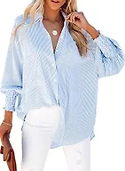 Womens Smocked Cuffed Striped Boyfriend Shirt Casual Collar Long Sleeve Oversized Button Down Blouse Tops with Pocket Shirred Blue